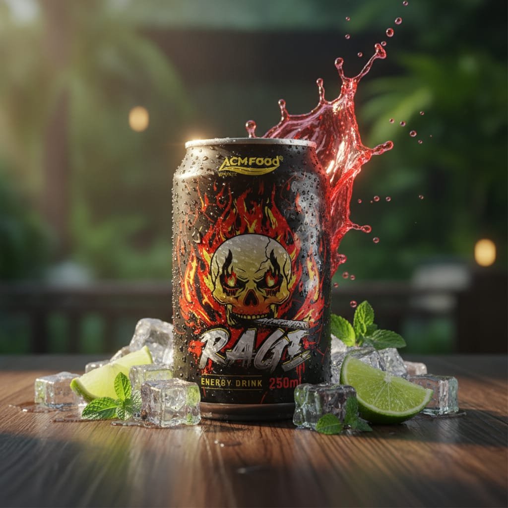 Red Rage Energy Drink 250ml short can with ice and fresh fruit on wooden table