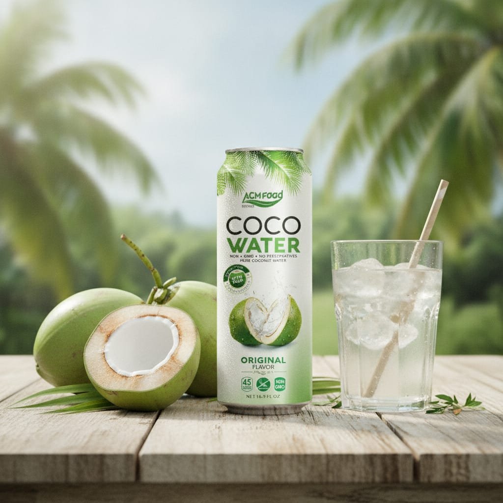A 500ml aluminum can of ACM Coconut Water Original placed beside halved green coconuts and a glass of chilled coconut water, illustrating clean label purity and natural hydration 500ml ACM coconut water original can on a wooden table with fresh green coconuts