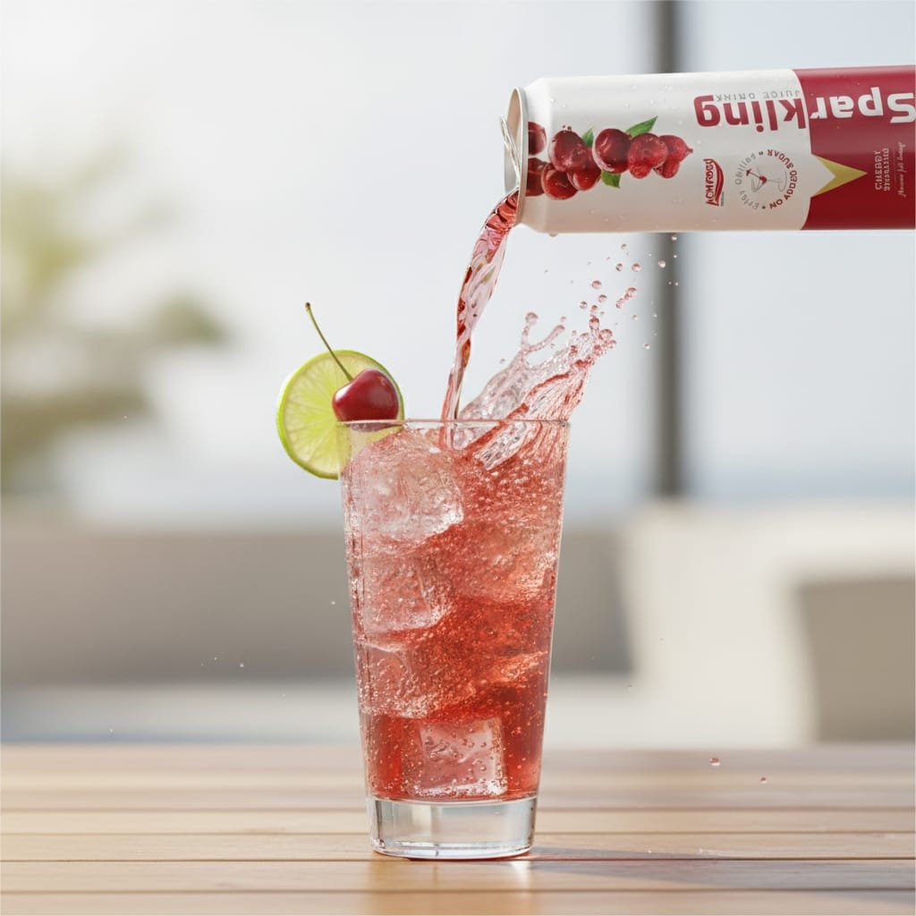 Cherry sparkling juice being poured into a glass with floating ice and cherry garnish