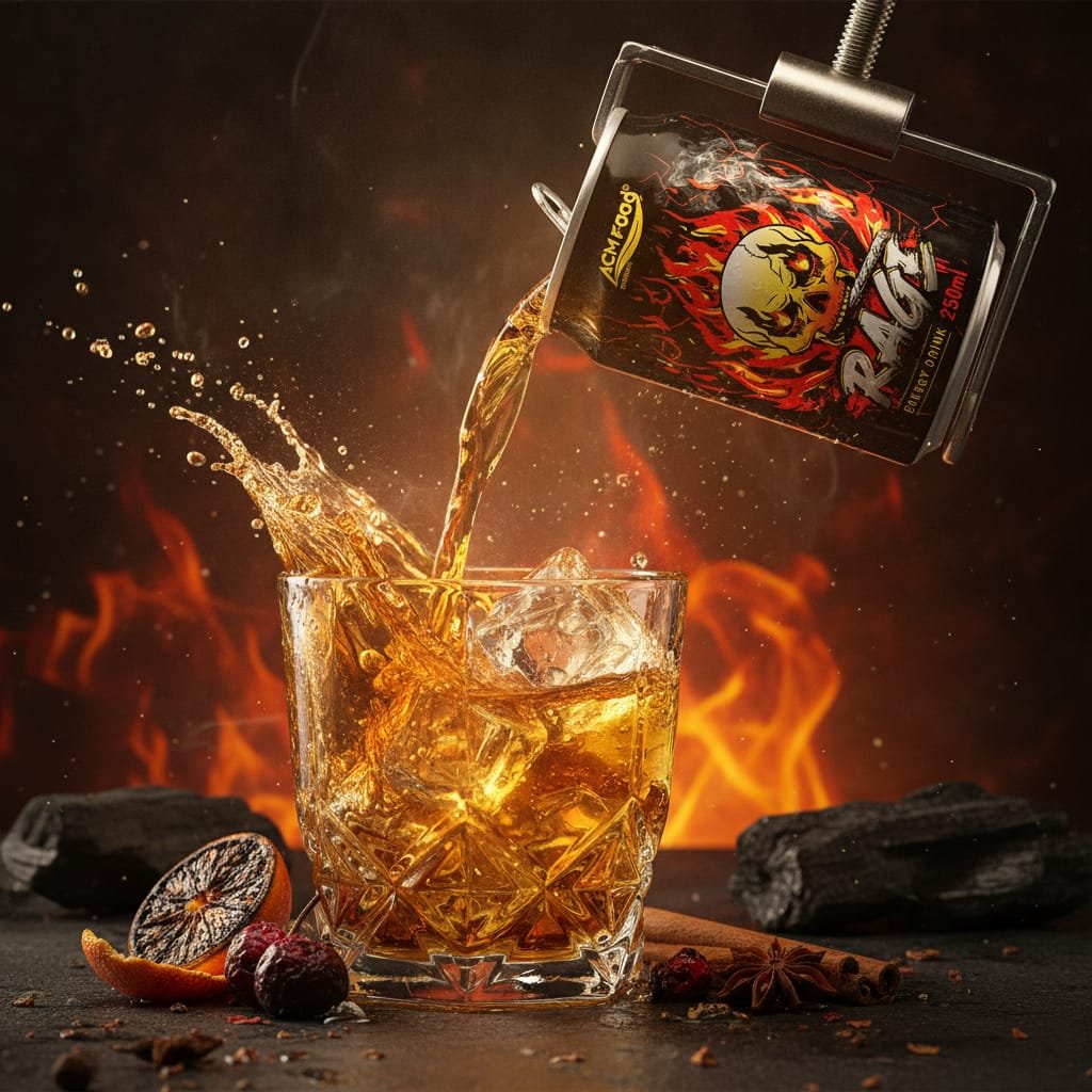 Close-up of Red Rage Energy Drink 250ml can being poured into a glass with ice
