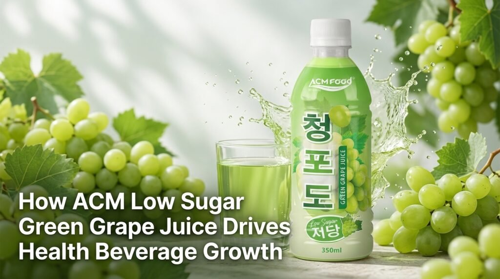ACM low sugar green grape juice 350ml bottle with fresh grapes and article title overlay