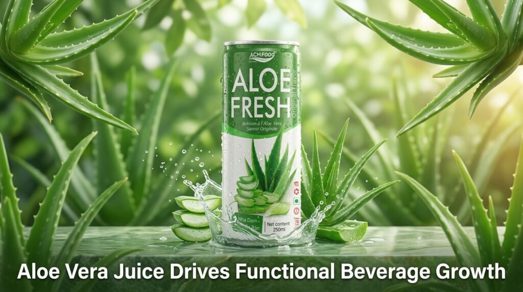 ACM Natural Aloe Vera Juice 250ml Can placed on a fresh green background with text overlay 'Aloe Vera Juice Drives Functional Beverage Growth'