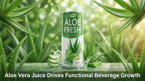 ACM Natural Aloe Vera Juice 250ml Can placed on a fresh green background with text overlay 'Aloe Vera Juice Drives Functional Beverage Growth'