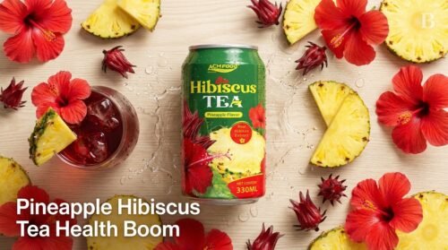 Background of fresh hibiscus flowers and pineapple with the article title overlaid for beverage industry news