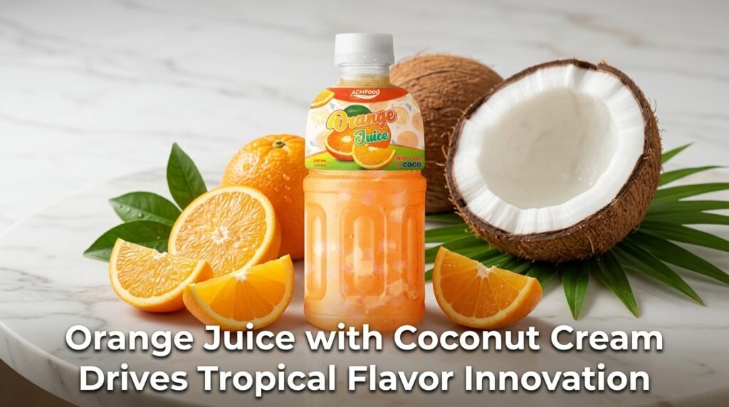 Orange juice with coconut cream can and tropical fruits on marble surface