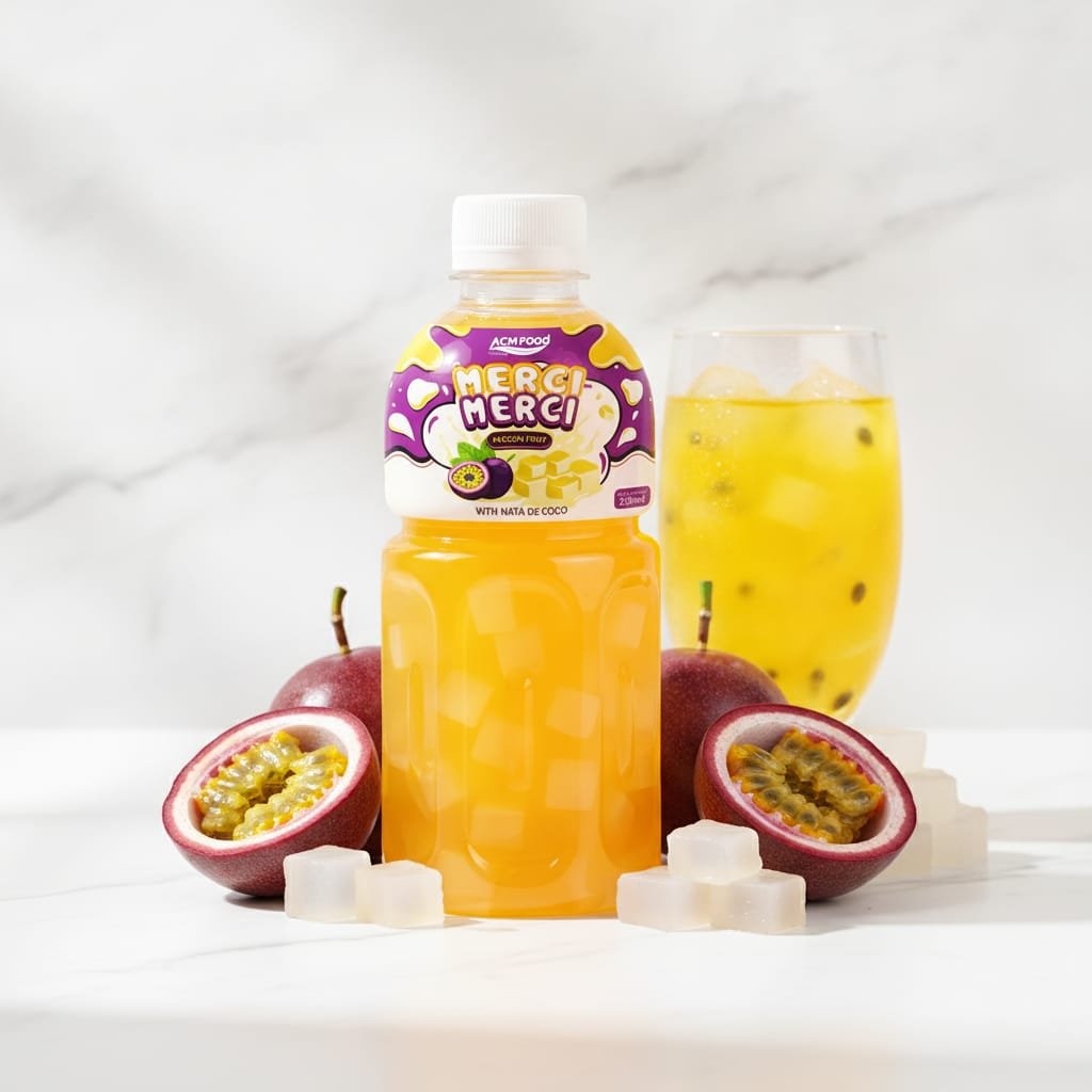 Fresh passion fruit halves and nata de coco cubes