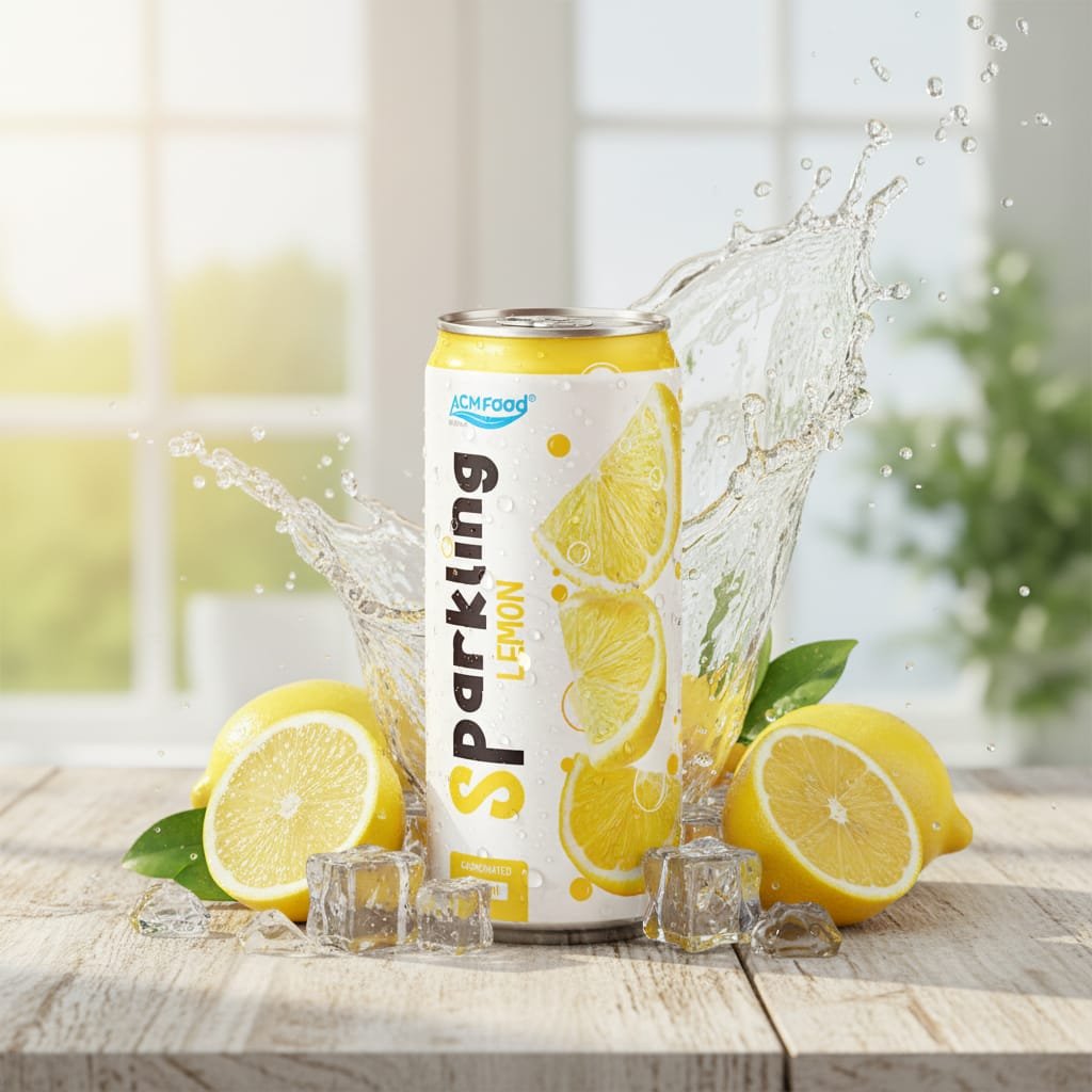 ACM Lemon Sparkling Soft Drink can on a wooden table with fresh lemons and ice cubes