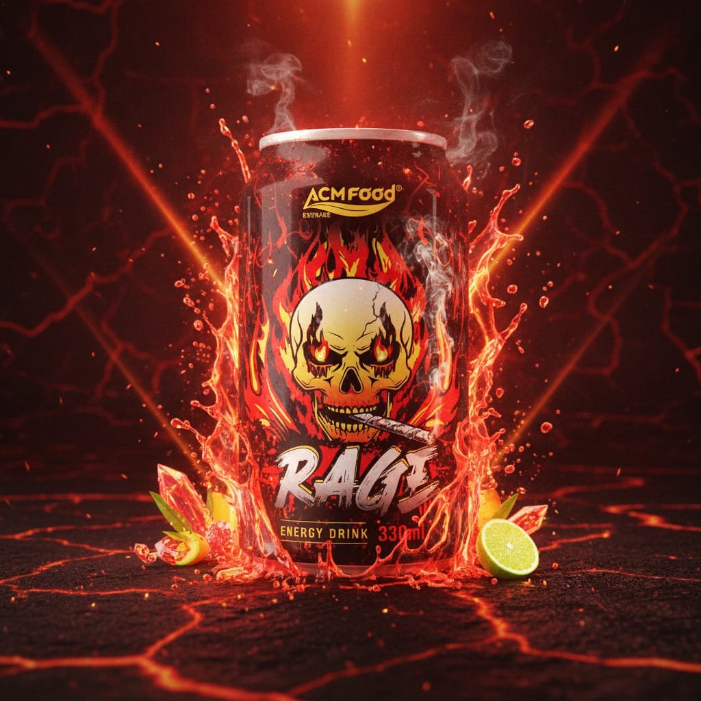 Rage Energy Drink OEM sample cans and flavor testers on a laboratory counter showcasing beverage customization Process of customizing Rage Energy Drink formulation and packaging with sample bottles