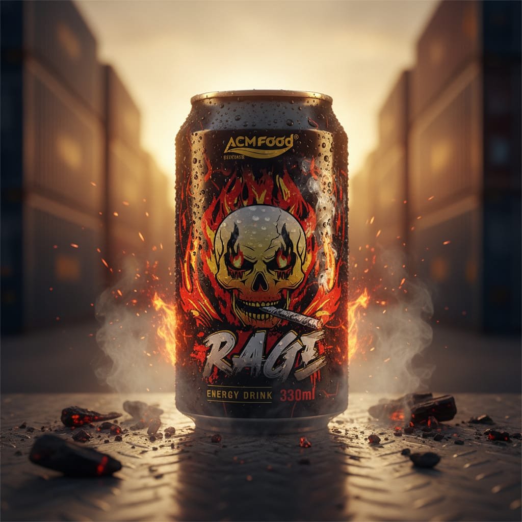 Export-ready Rage Energy Drink in shipping containers with a global logistics theme Rage Energy Drink containers being loaded for international shipping with port background