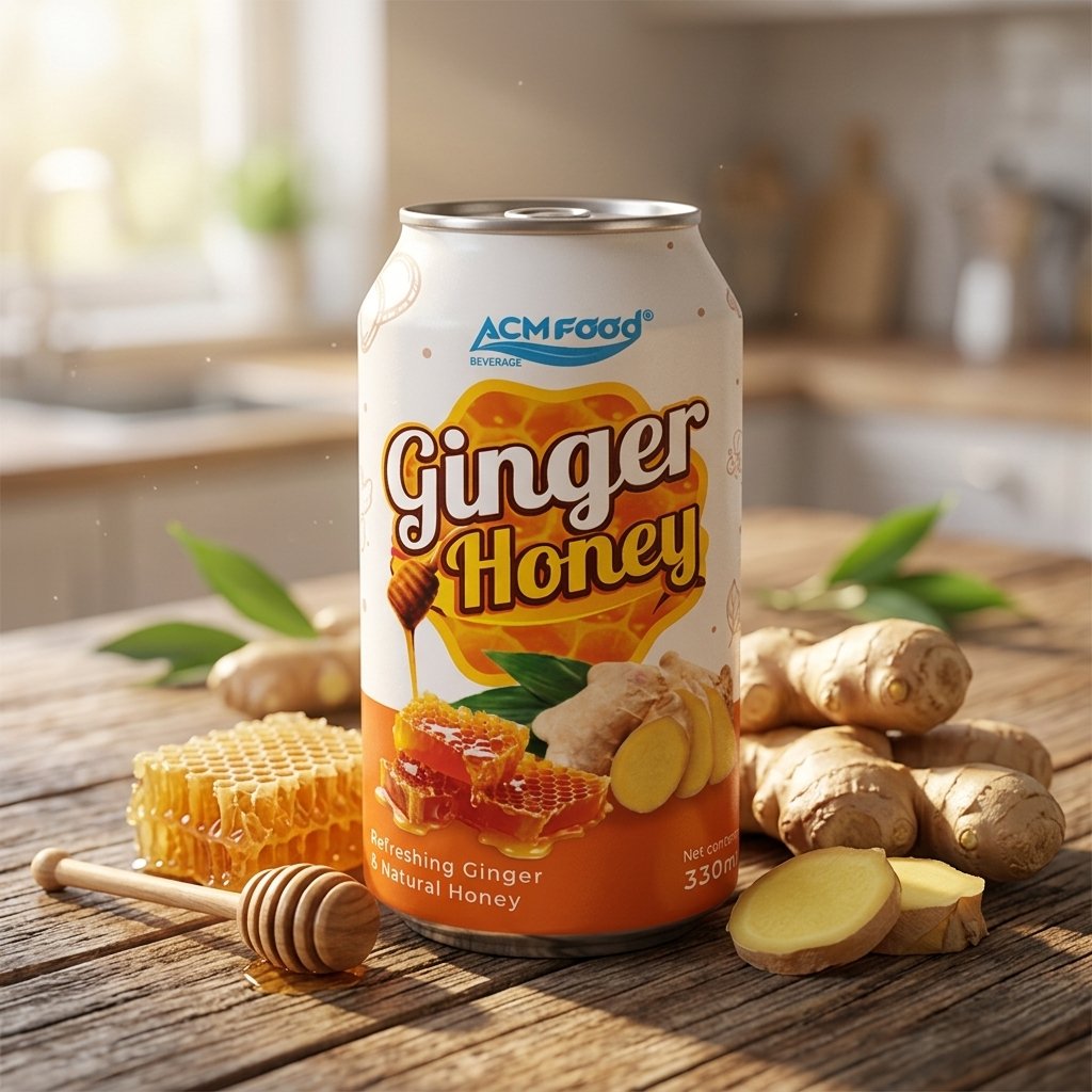 A 330ml can of ACM Ginger Honey Drink placed next to fresh ginger root and honey dipper on a wooden table soft natural l