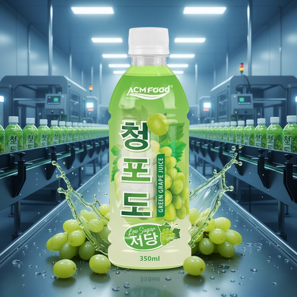 ACM beverage factory production line with low sugar juice bottles moving on conveyor belt