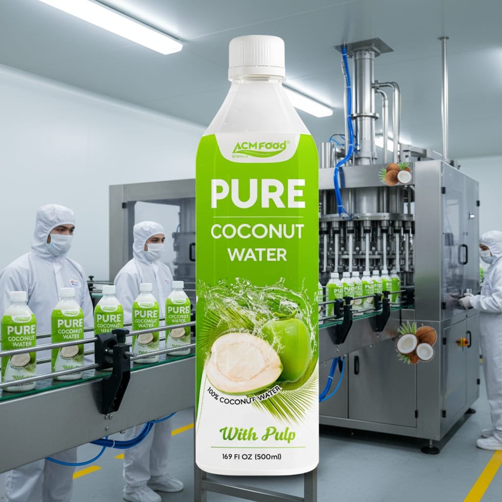 Modern beverage manufacturing facility filling 500ml ACM Pure Coconut Water with Pulp PET Bottles on automated aseptic production line, stainless steel equipment, workers in cleanroom attire Factory production line filling 500ml PET bottles with pure coconut water and pulp