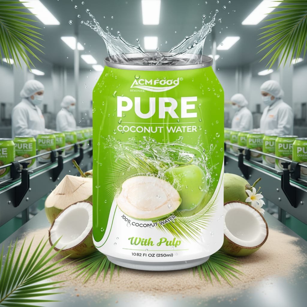 Automated production line at ACM FOOD factory with rows of 250ml coconut water with pulp cans in final packaging stage High-tech beverage production line with ACM pure coconut water cans moving on conveyor