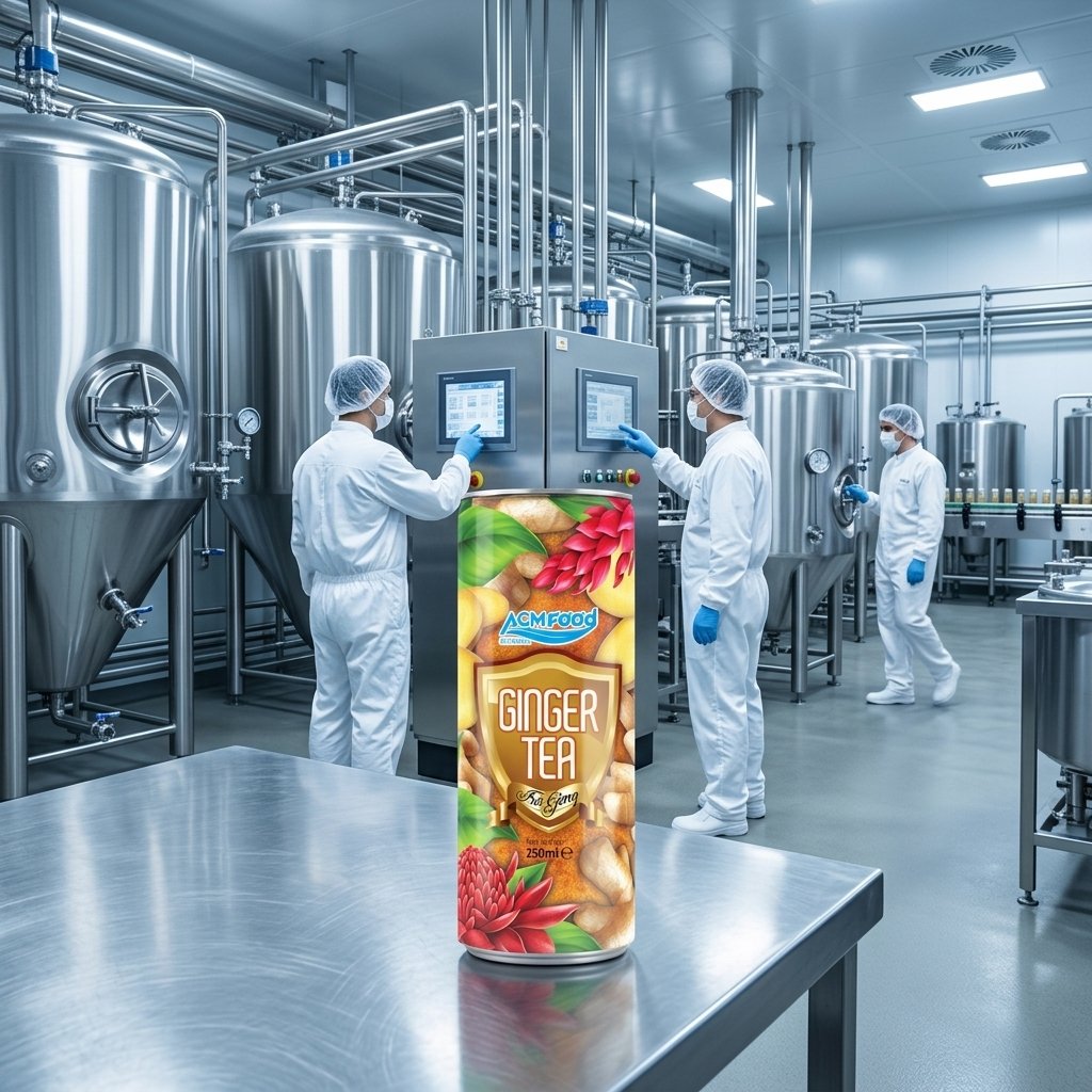 Inside a modern beverage manufacturing facility showing stainless steel extraction tanks and pasteurization equipment wi