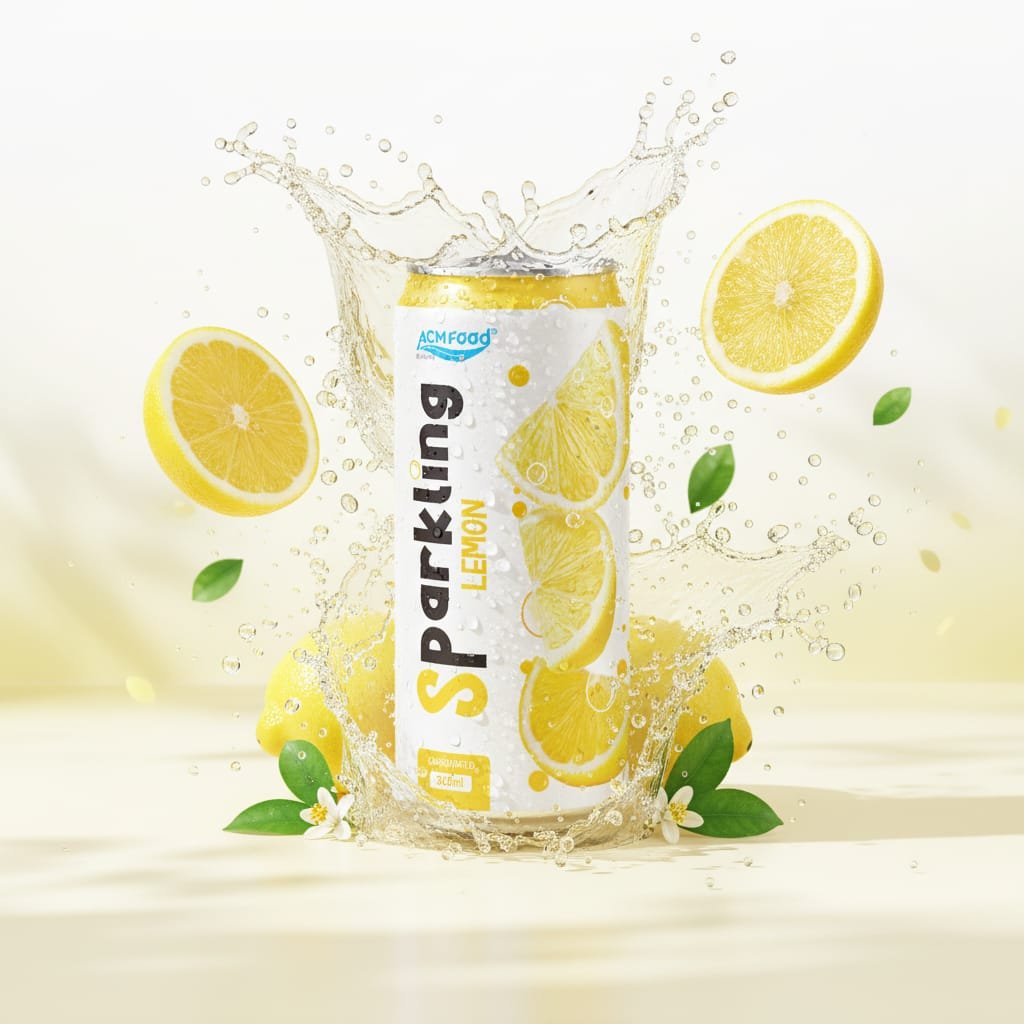 Various ACM beverage cans lined up including lemon flavor, on a clean white background