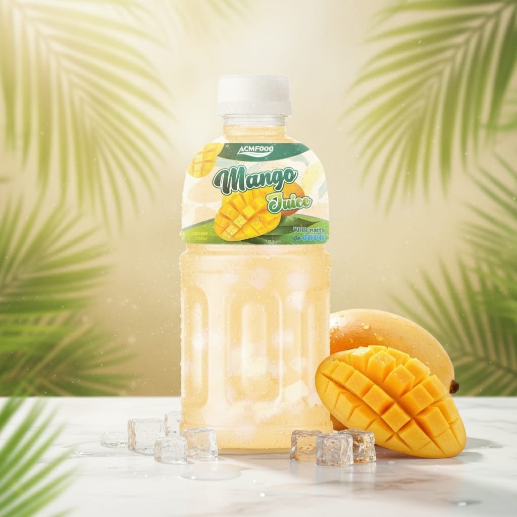 Rows of Mango Juice with Nata de Coco 320ml cans lined up on a clean stainless steel shelf in a modern beverage factory, bright industrial lighting Multiple 320ml cans of mango juice with nata de coco arranged on a modern production line shelf