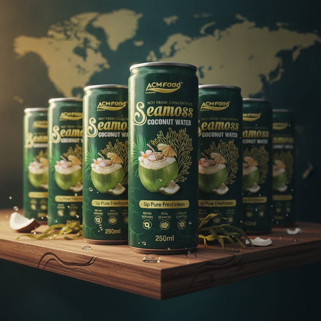 Seamoss Coconut Water cans on a supermarket shelf with global map in background