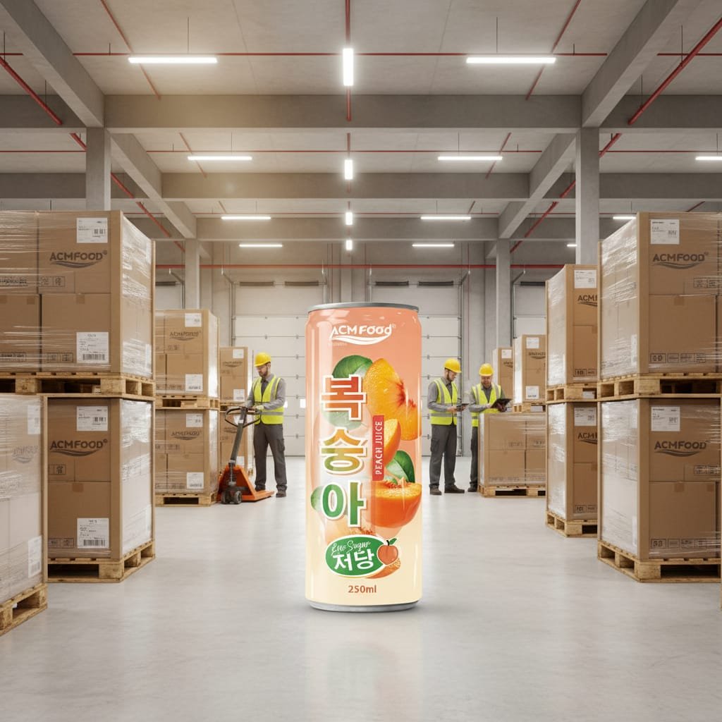 Pallets of ACMFOOD juice cartons in a modern warehouse with workers in safety vests showing global logistics
