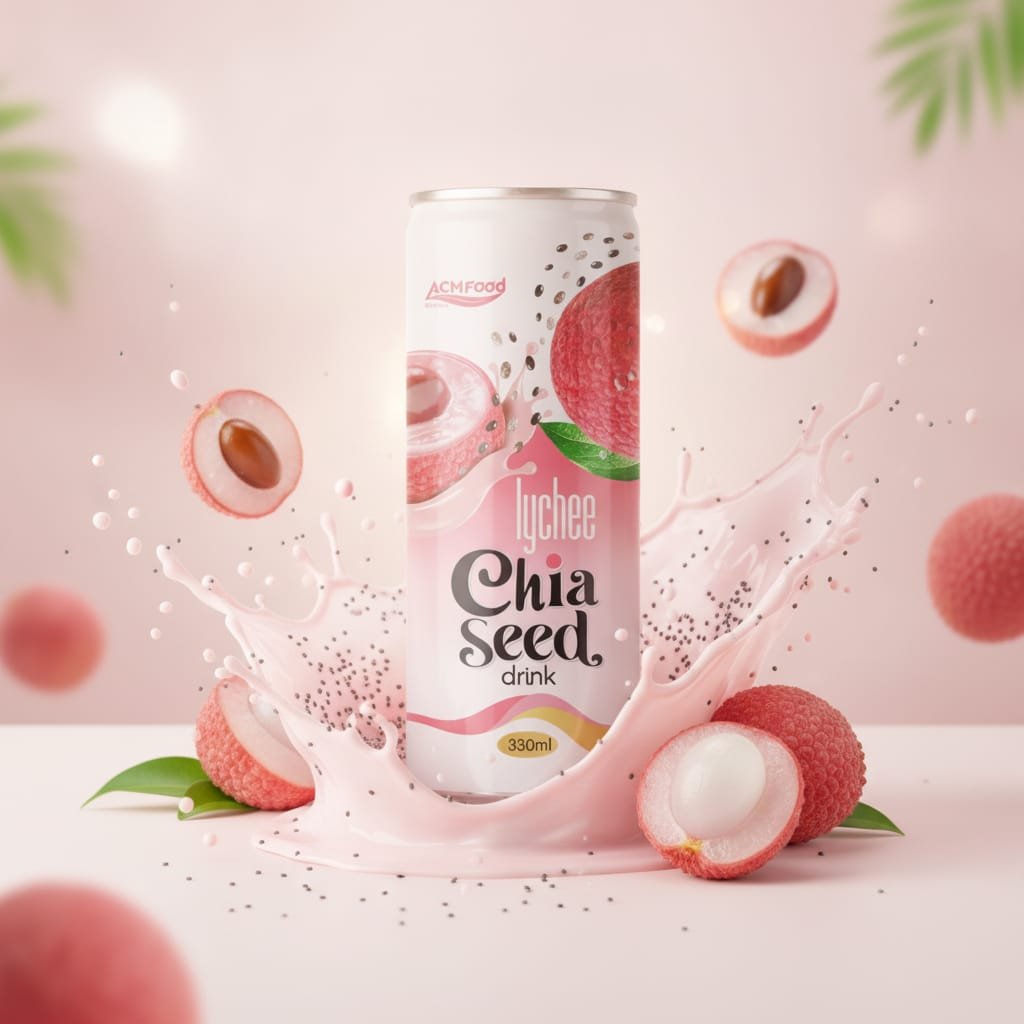 Export-ready 320ml chia seed drink pallets at Ho Chi Minh port for global distribution Shipping containers and pallets of chia seed drink cans ready for export from Vietnam port