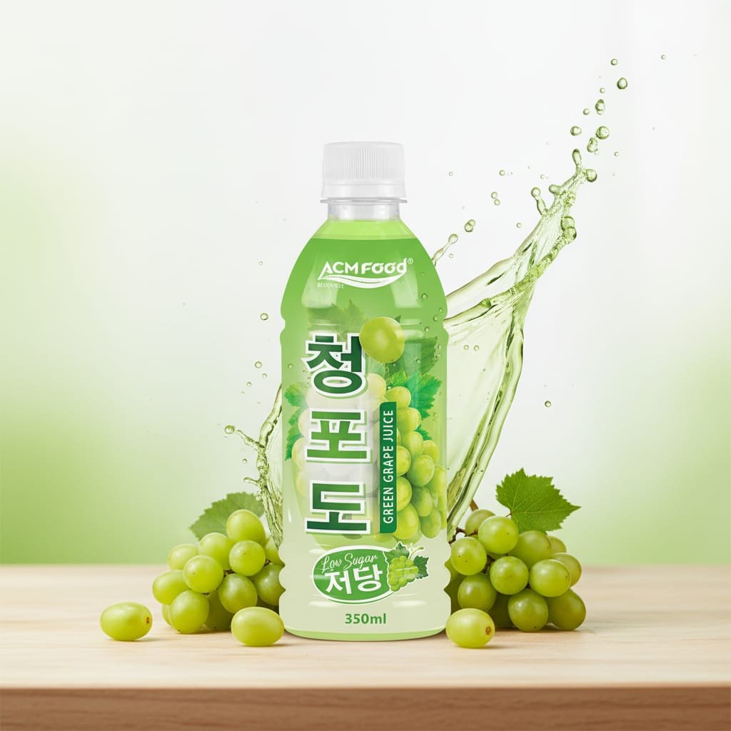 ACM low sugar green grape juice 350ml PET bottle with fresh grapes on display at a trade show