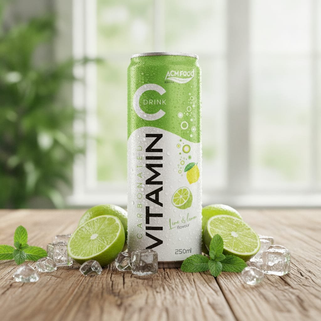 Cans of lime sparkling juice on ice with fresh lime slices