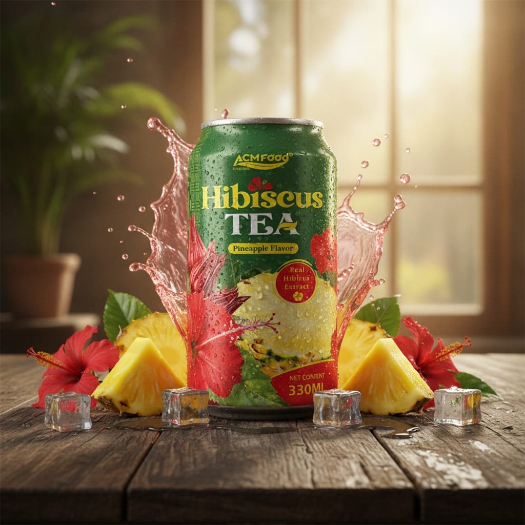 Premium Real Pineapple Hibiscus Tea can with fresh hibiscus flower and pineapple slice on wooden table