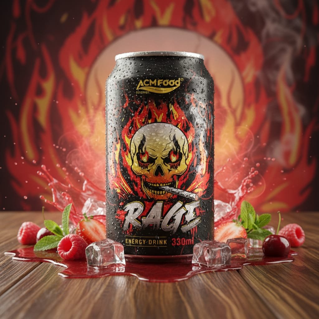 Rage Energy Drink 330ml Short Can Red - Premium export quality energy beverage with bold red packaging on a vibrant tropical setting Rage Energy Drink red can placed on a blurred background of fresh fruits and ice cubes