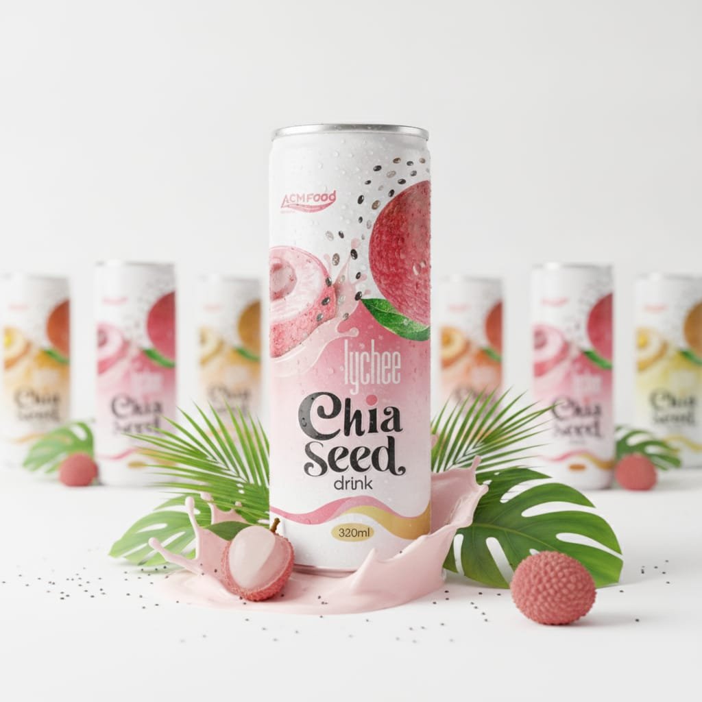 Assorted 320ml ACM chia seed drink cans showcasing OEM private label capabilities Multiple 320ml chia seed drink cans in various packaging options with custom labels