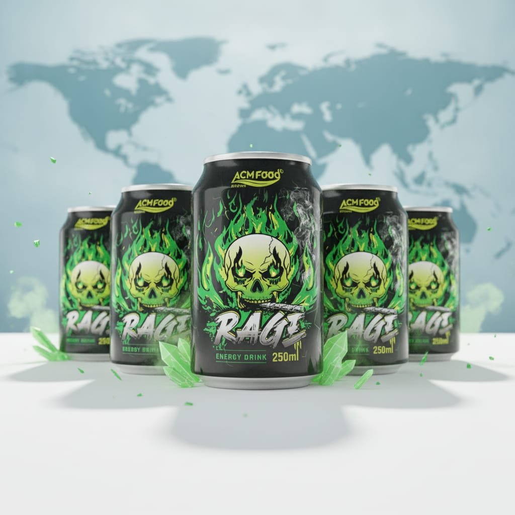 Global map with Green Rage Energy Drink cans representing export markets
