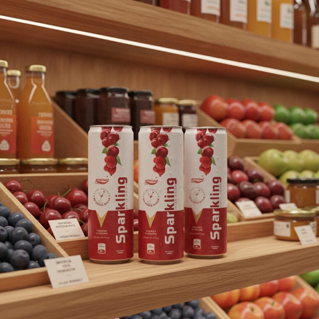 Cherry sparkling juice cans on a supermarket shelf with health food products in background