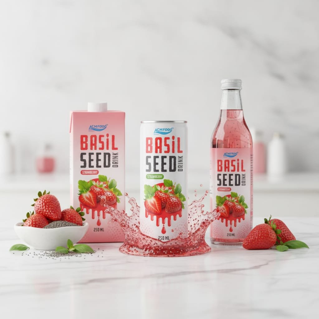 Variety of packaging formats for strawberry chia juice: can, glass bottle, PET bottle