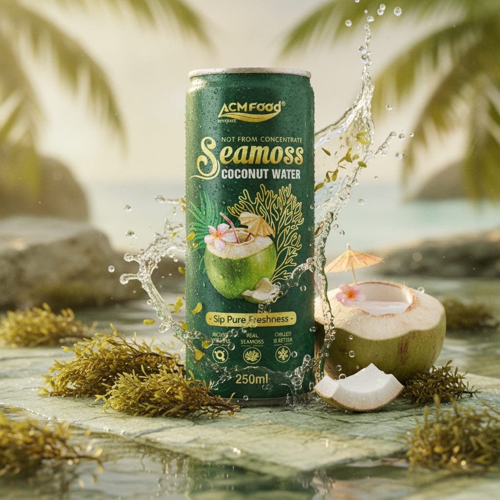 Seamoss Coconut Water 250ml slim can with sea moss and coconut background