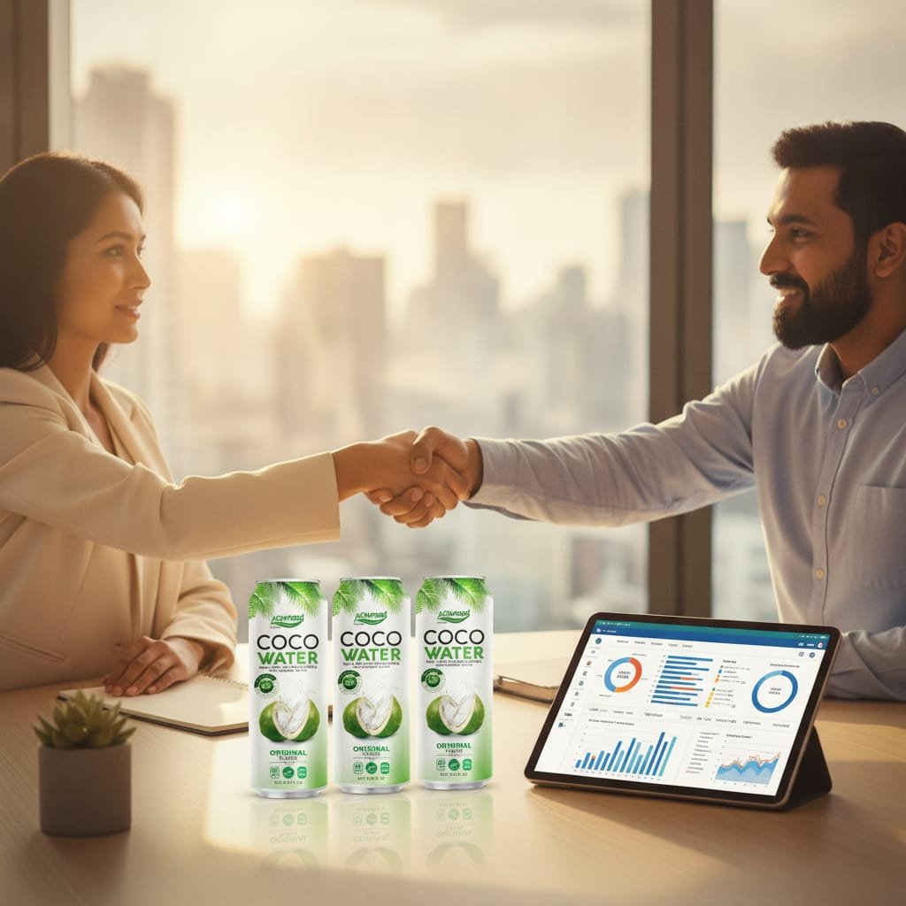 Two business professionals shaking hands over a display of 500ml ACM Coconut Water cans, representing an OEM partnership agreement Business handshake over a table with coconut water products