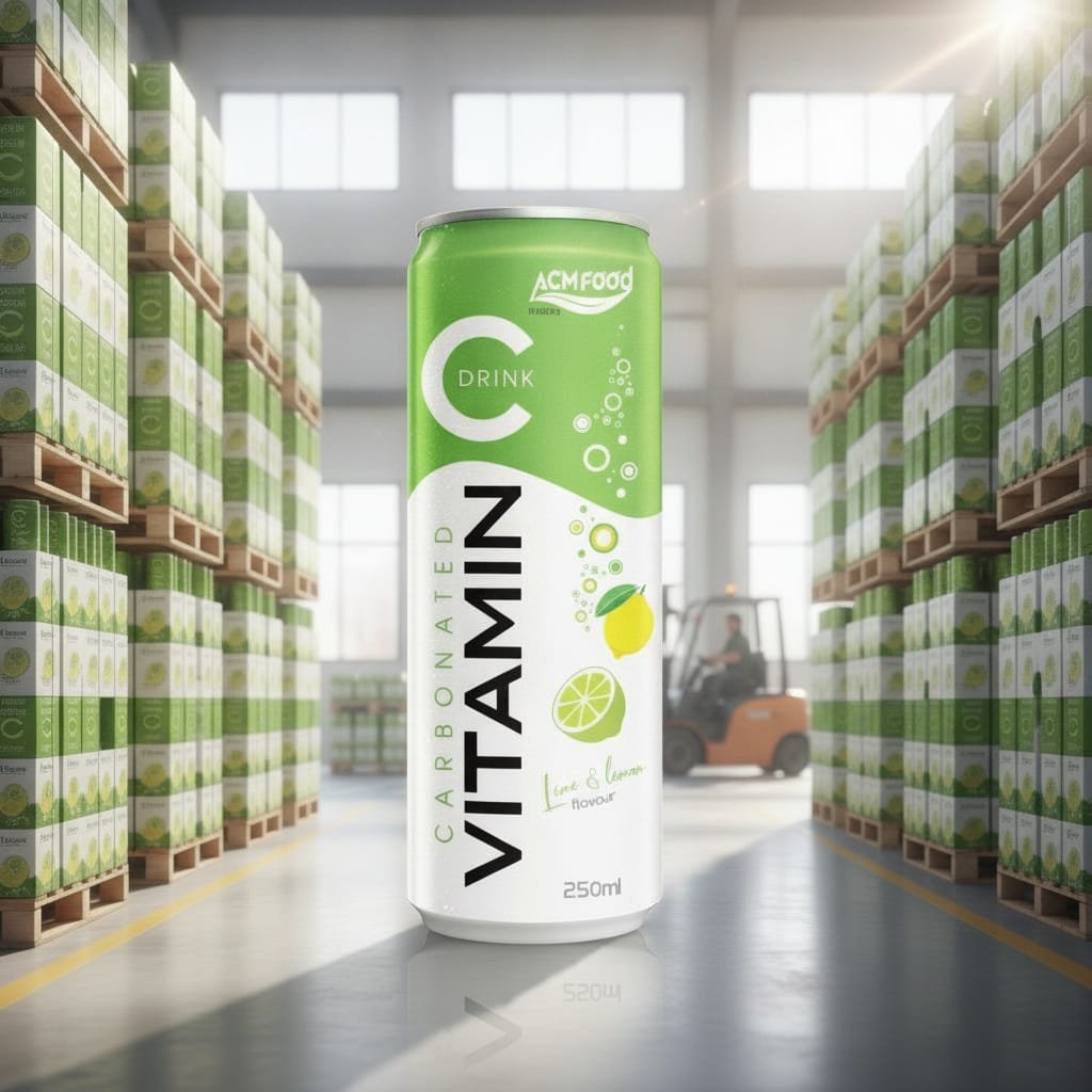 Lime sparkling juice cans on a pallet in a modern warehouse