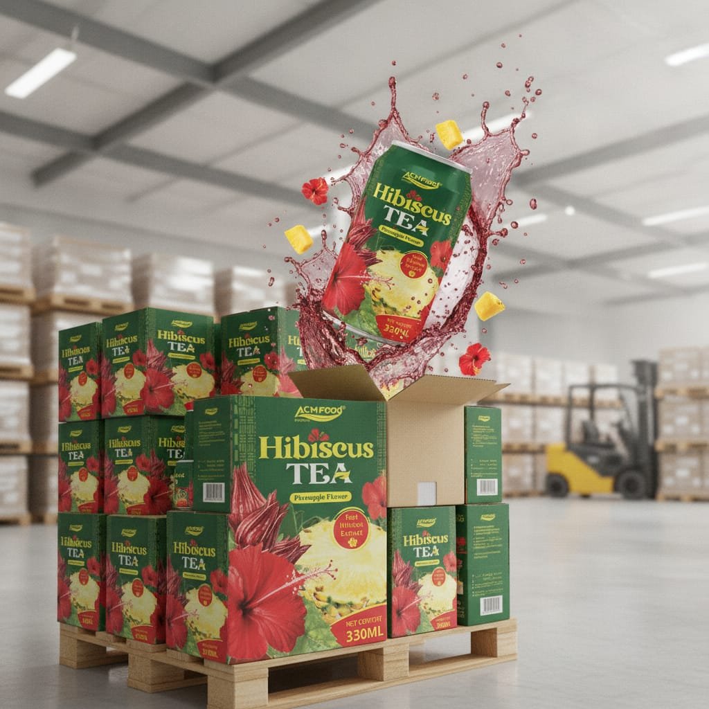 Export containers and ACM Beverage logo with product cans on pallets