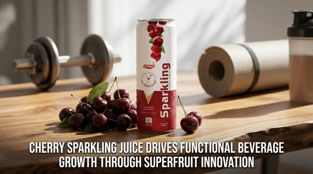 Cherry sparkling juice on table with cherries and fitness dumbbells background, with article title overlay
