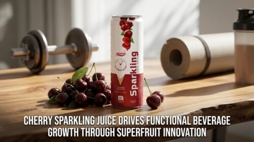 Cherry sparkling juice on table with cherries and fitness dumbbells background, with article title overlay