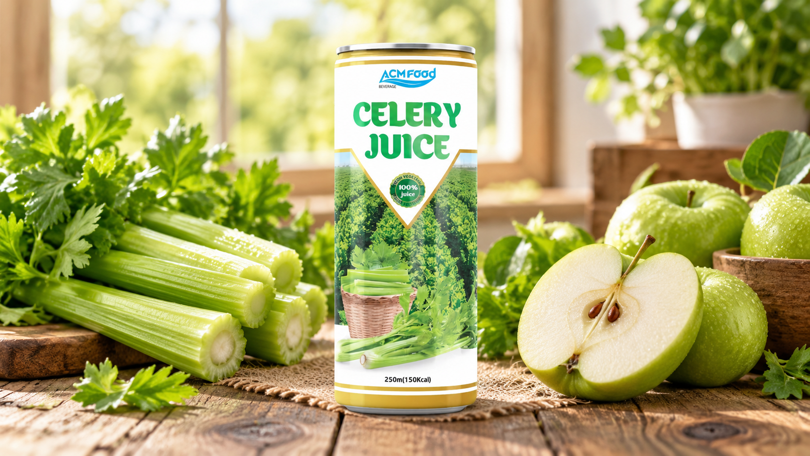 Fresh celery stalks and green apples on a rustic wooden table with a halved apple in the foreground, soft natural window light, landscape commercial food photography