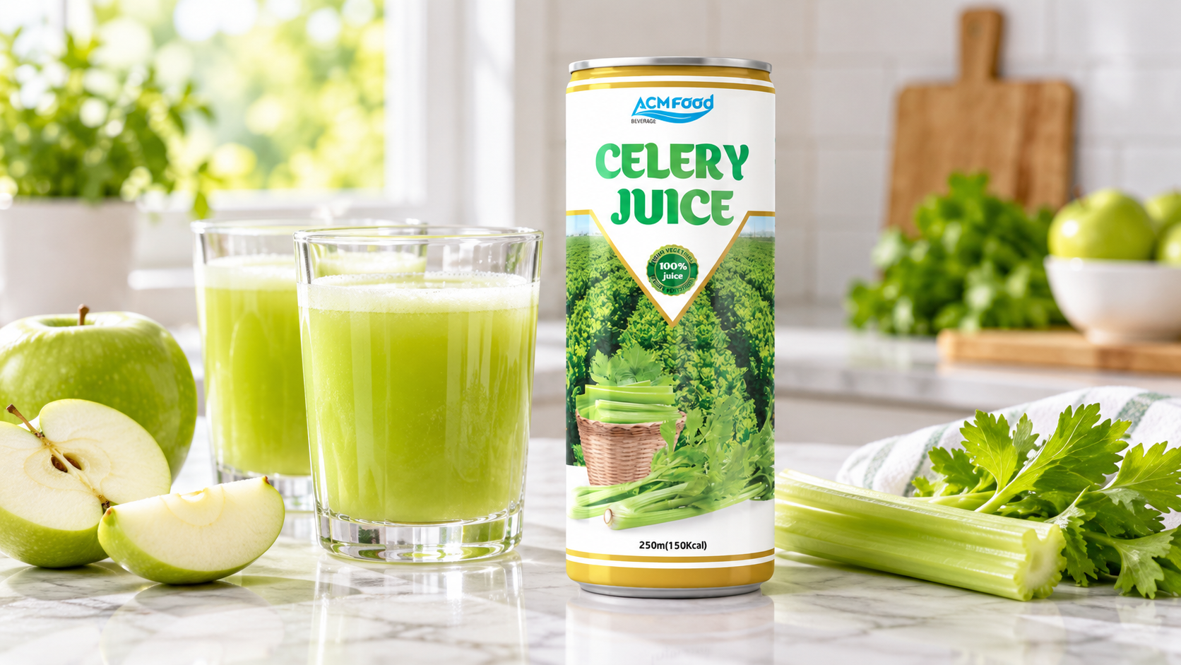 Two glasses of pale green apple and celery juice on a bright kitchen counter next to apple slices and a celery stick, diffused daylight, clean styling