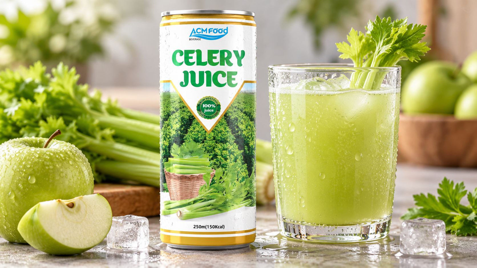 Close-up of a chilled aluminium can and a clear glass of pale green apple celery juice with condensation on a neutral surface, shallow depth of field