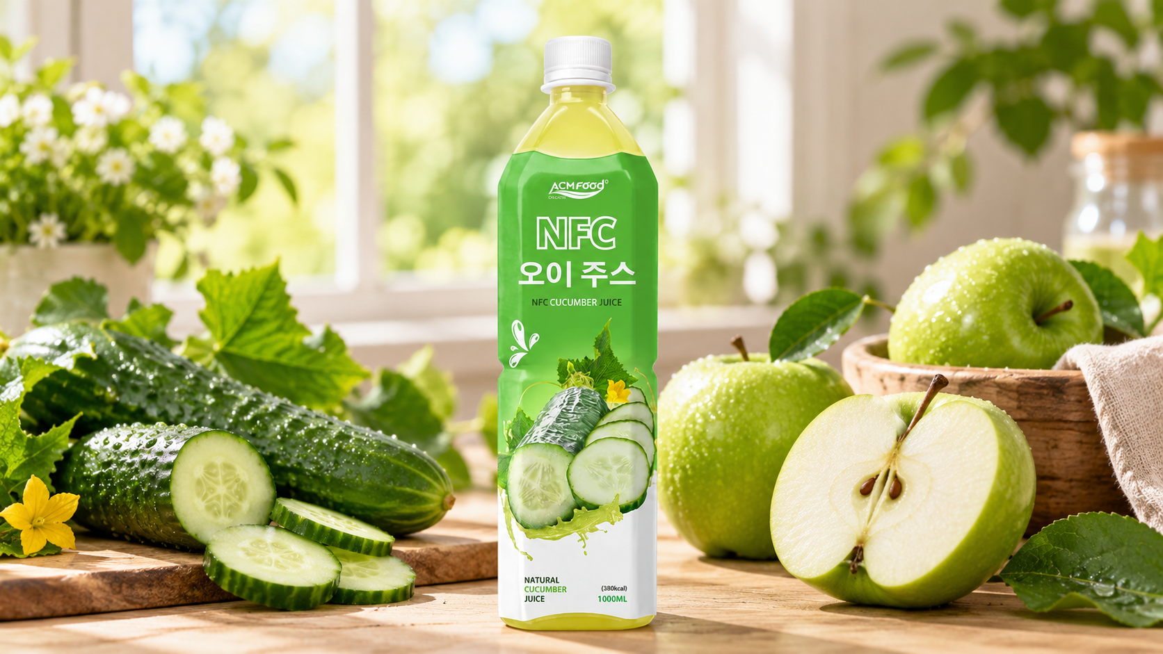 Whole green apples and fresh cucumbers on a light wooden table with one apple sliced open, soft natural window light, landscape commercial food photography