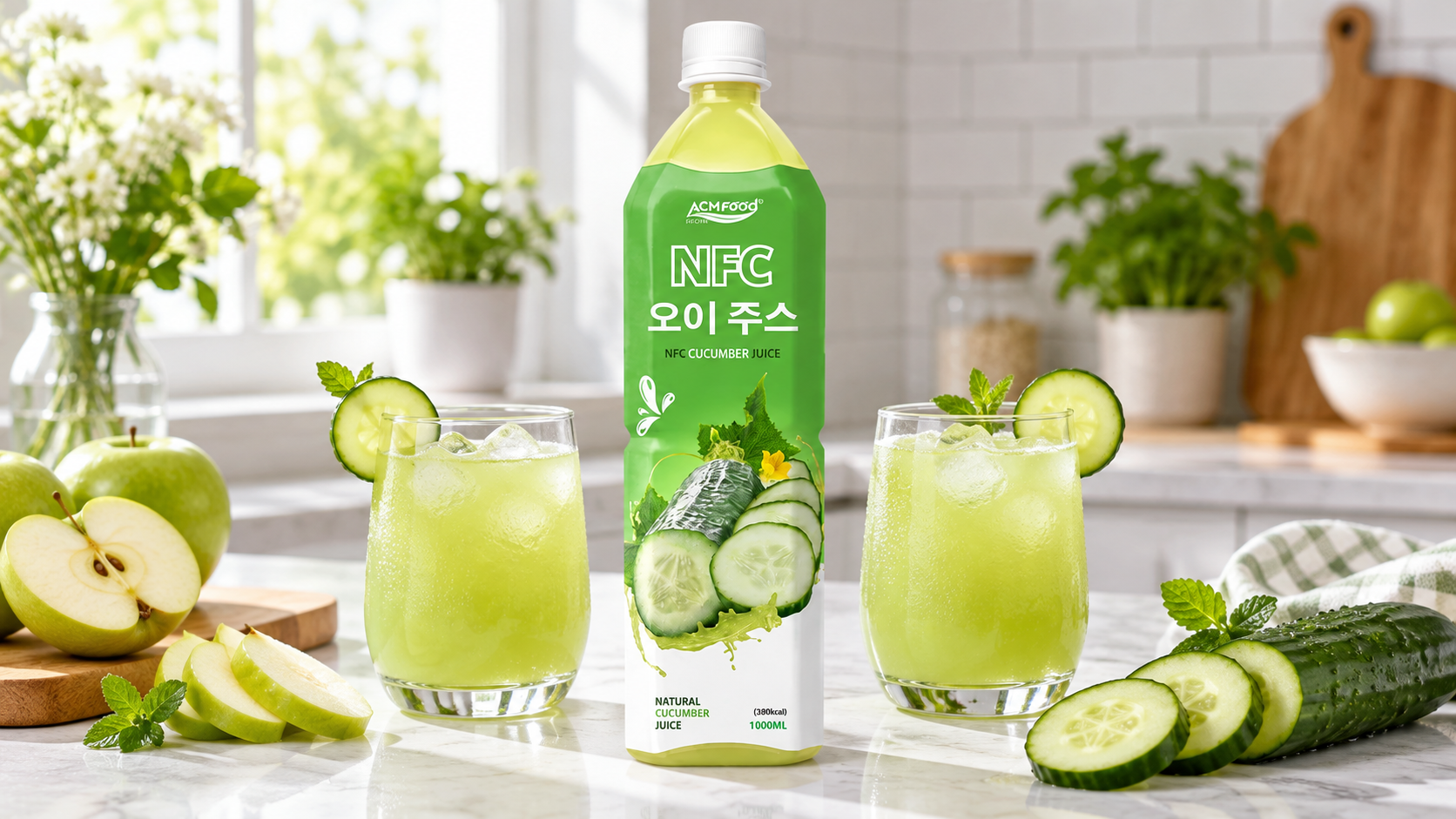 Two glasses of pale green apple cucumber juice on a bright kitchen counter next to apple slices and cucumber rounds, diffused daylight, clean styling