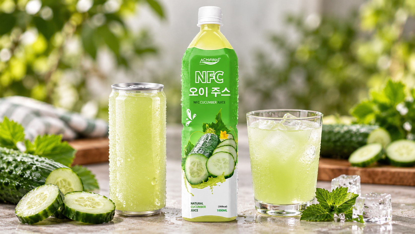 Close-up of a slim aluminium can and a clear glass bottle of pale green apple cucumber juice with condensation on a neutral surface, shallow depth of field