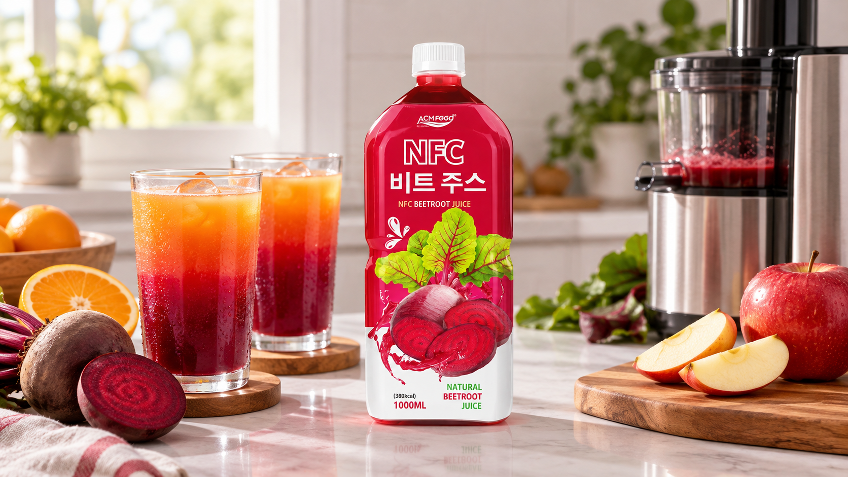Two glasses of layered red and orange juice beside a juicer and sliced apple on a kitchen counter, diffused daylight, clean styling