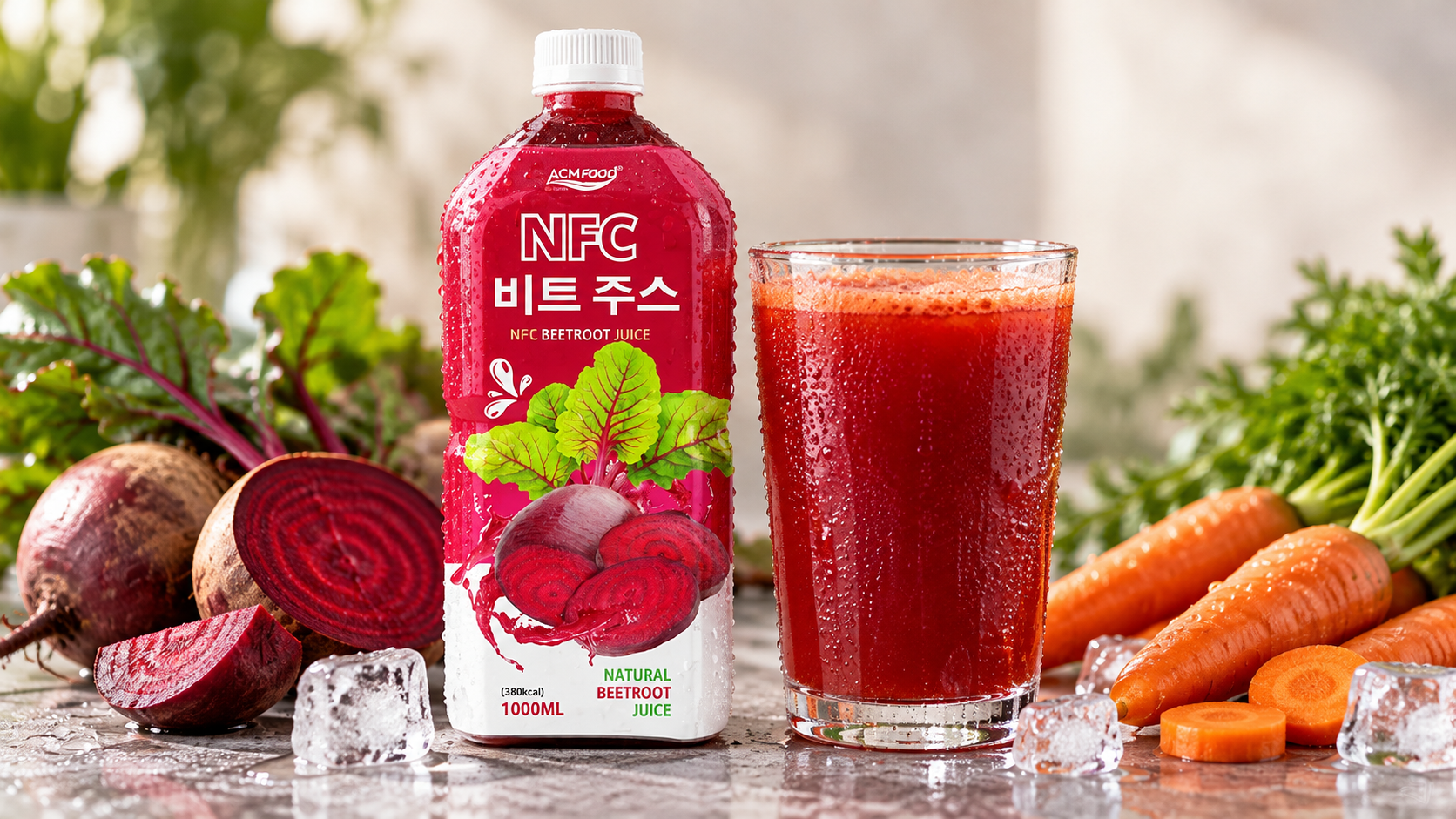 Close-up of a chilled aluminium can and a glass of deep red-orange beet and carrot juice with condensation, shallow depth of field, neutral background
