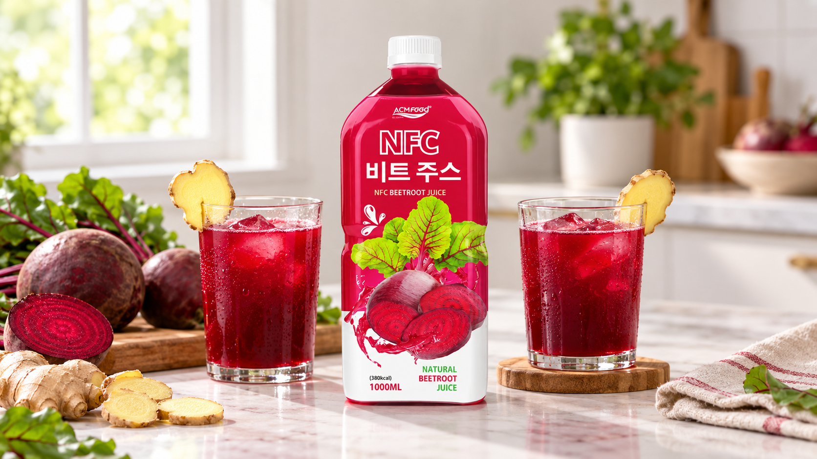 Two glasses of deep red juice with a slice of ginger on the rim on a bright kitchen table, diffused daylight, clean modern styling