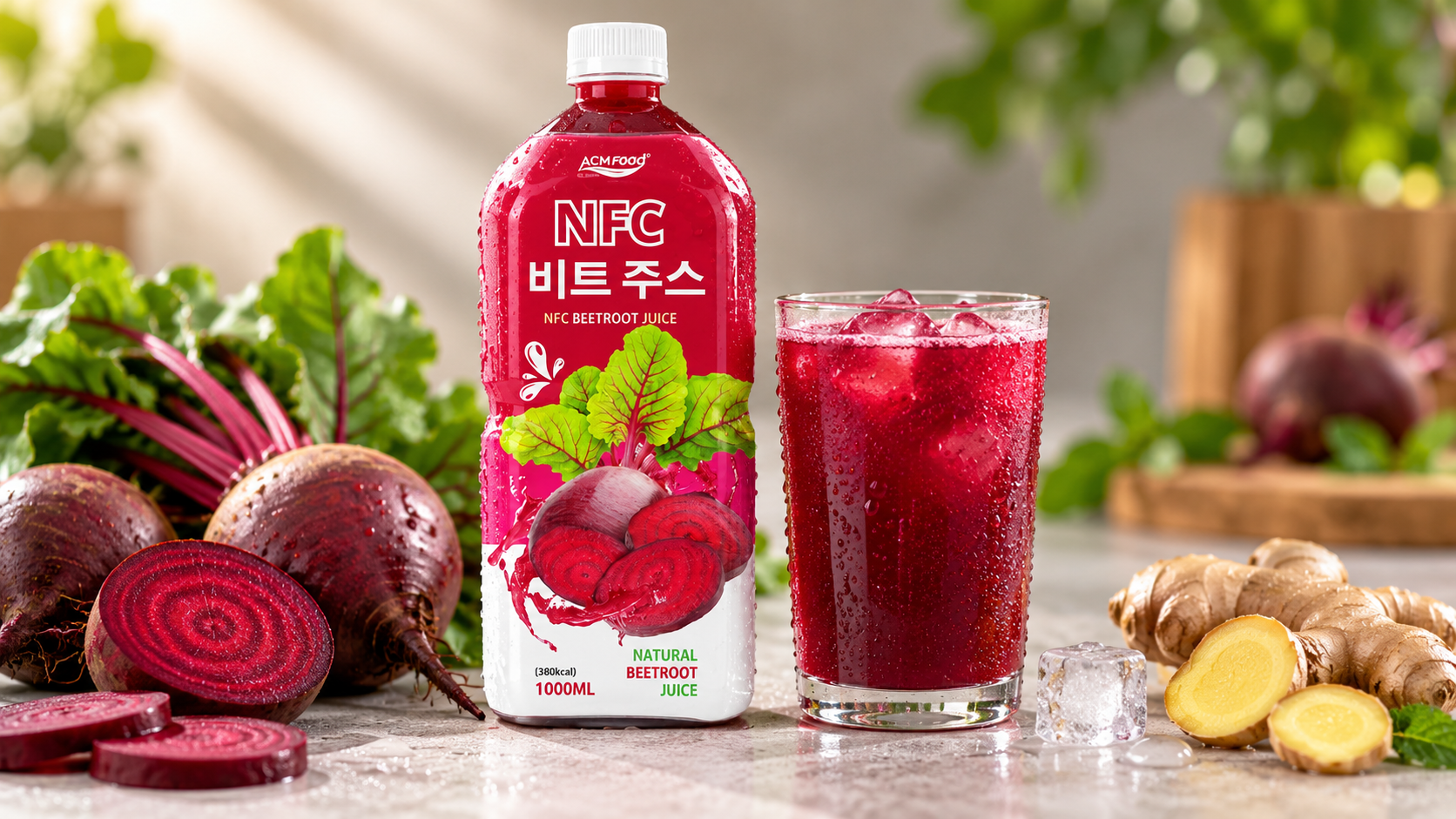 Close-up of a slim aluminium can and a glass of red beetroot and ginger juice with condensation on a neutral surface, shallow depth of field