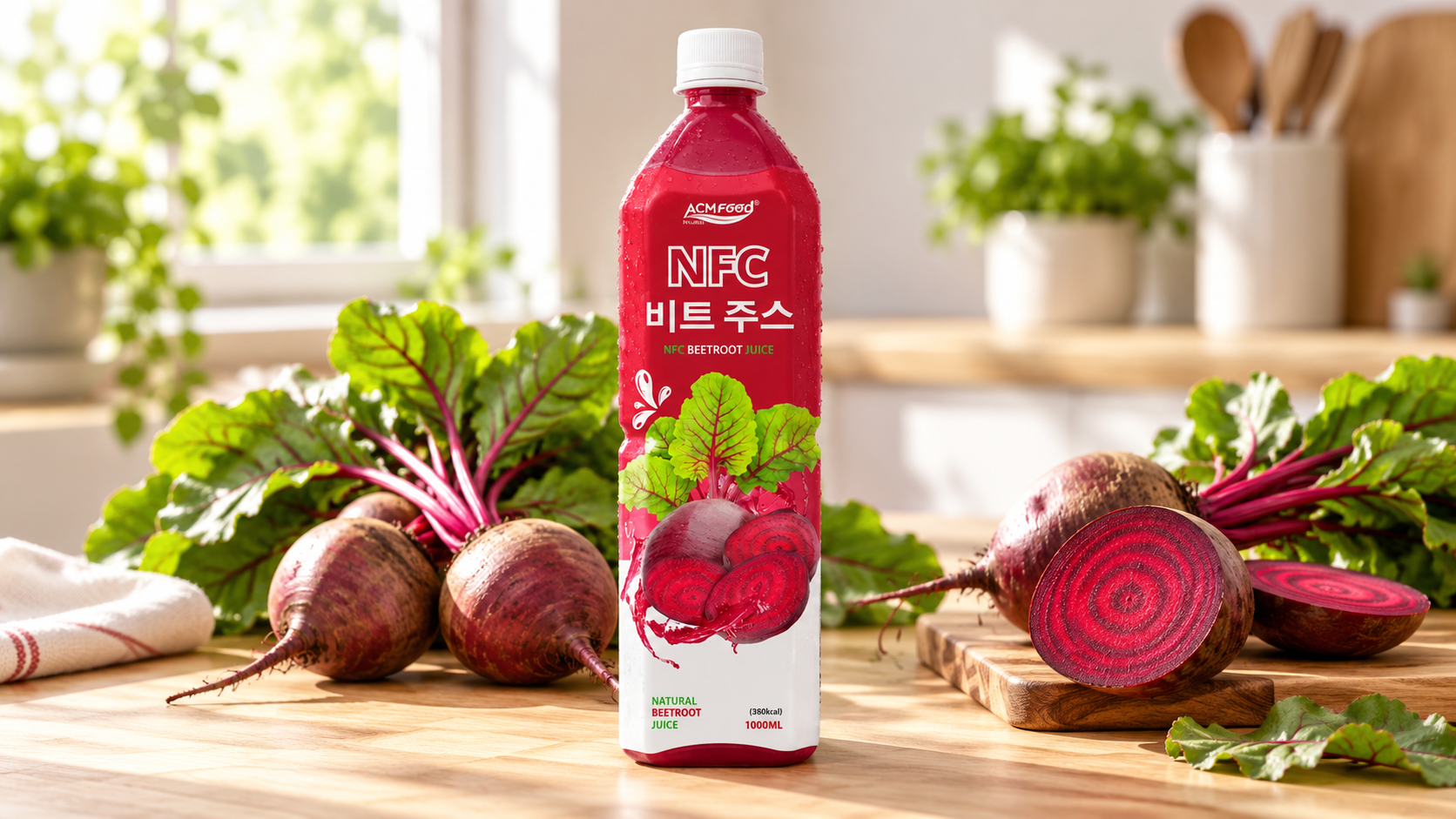 Whole red beetroots with leafy tops and one sliced beet on a light wooden table, soft natural window light, landscape commercial food photography