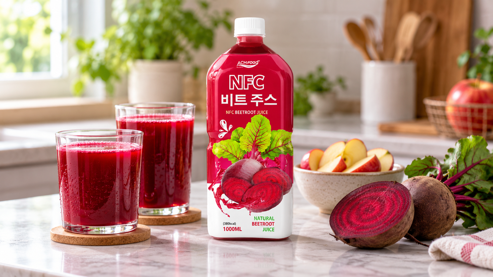 Two glasses of deep red beetroot juice on a kitchen counter beside a halved beetroot and a small bowl of apple slices, diffused daylight, clean styling