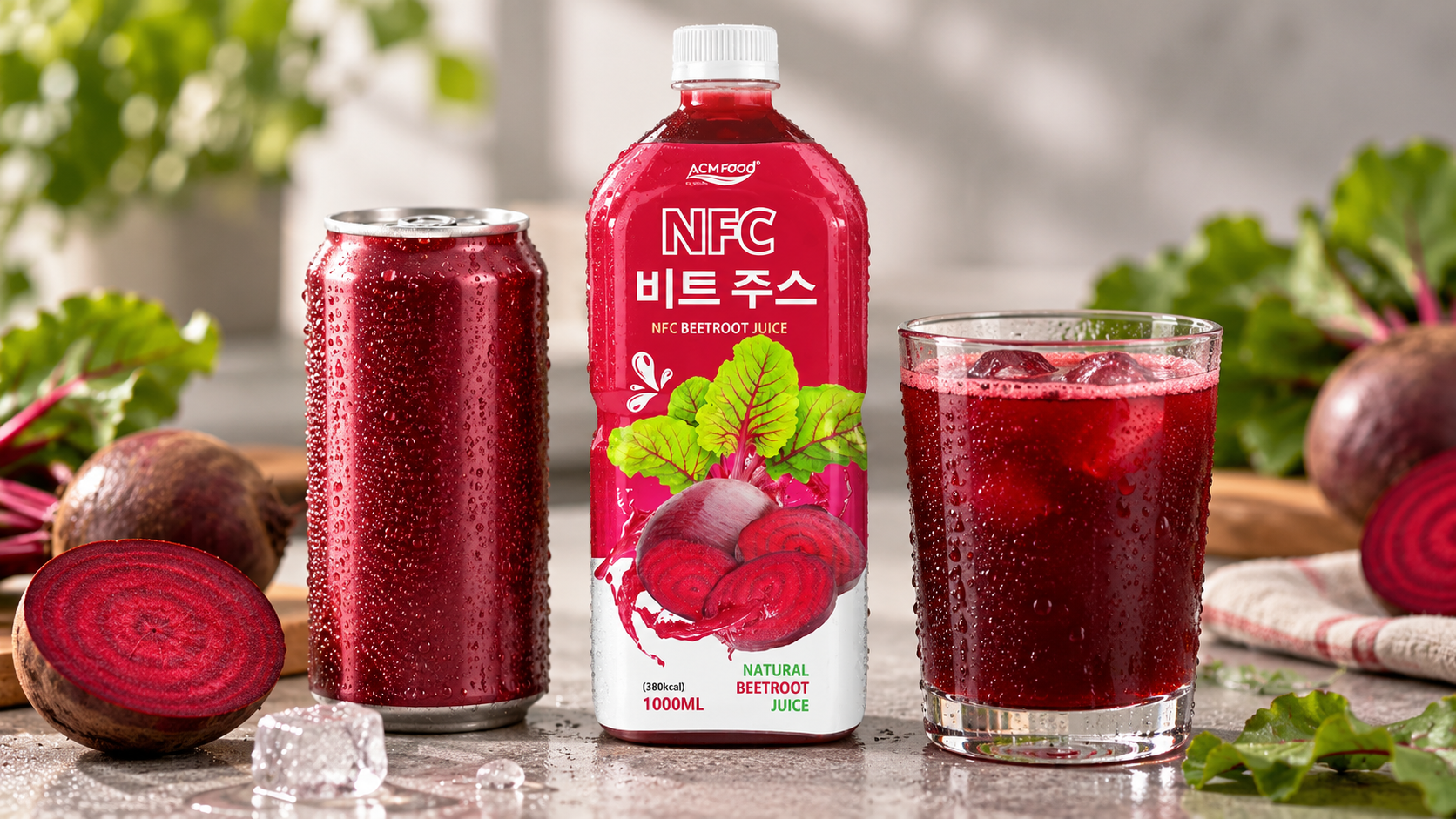 Close-up of a chilled aluminium can and a glass bottle filled with dark red beetroot juice on a neutral surface with a few drops of condensation, shallow depth of field